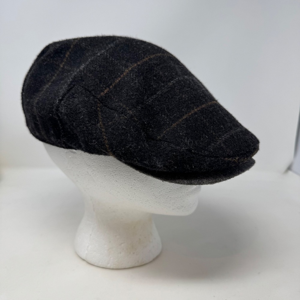 Stetson Black Wool Newsboy Cap with Brown Windowpane